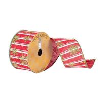 Vickerman 2.5" x 10Yd Red / White Stripe Green Glitter Wired Ribbon