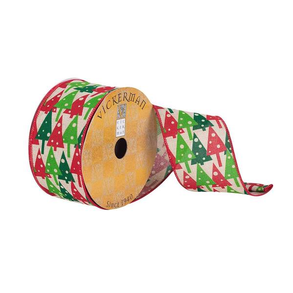2.5" x 10Yd Natural Dupion Red and Green Tree Pattern Wired Ribbon