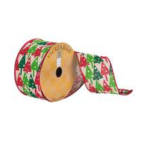 Vickerman 2.5" x 10Yd Natural Dupion Red and Green Tree Pattern Wired Ribbon