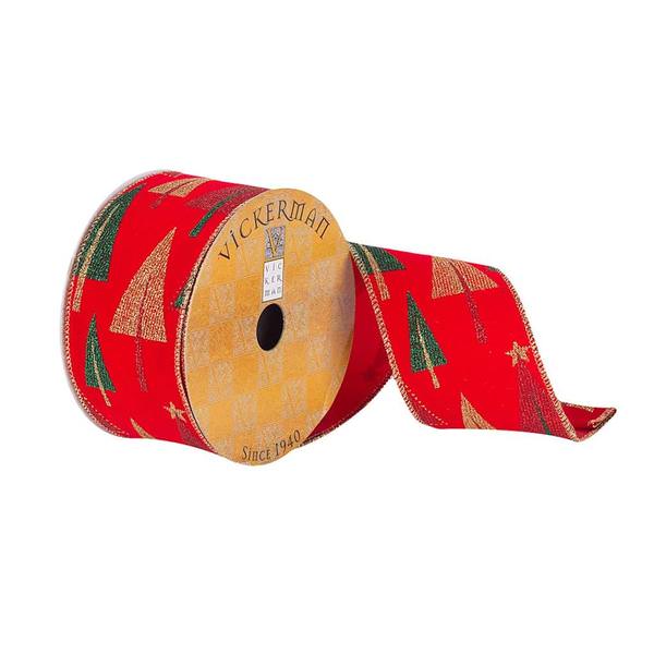 2.5" x 10Yd Red Velvet with Gold / Green / Red Glitter Tree Pattern Wired Ribbon