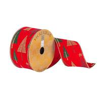 Vickerman 2.5" x 10Yd Red Velvet with Gold / Green / Red Glitter Tree Pattern Wired Ribbon