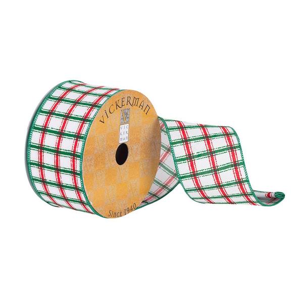 2.5" x 10Yd White / Red / Green Plaid Wired Ribbon