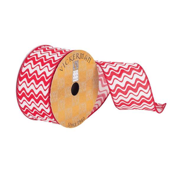 2.5" x 10Yd Red / White Woven Wave Pattern Wired Ribbon