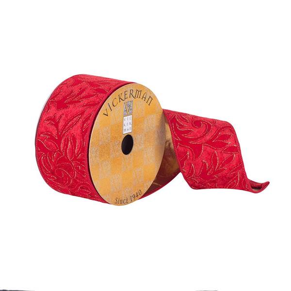 2.5" x 10Yd Red Woven Filigree Wired Ribbon