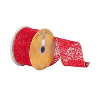 Vickerman 2.5" x 10Yd Red Stamped Watermark Dupion Wired Ribbon
