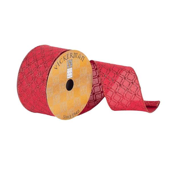 2.5" x 10Yd Red Glitter Reverse Clover Wired Ribbon