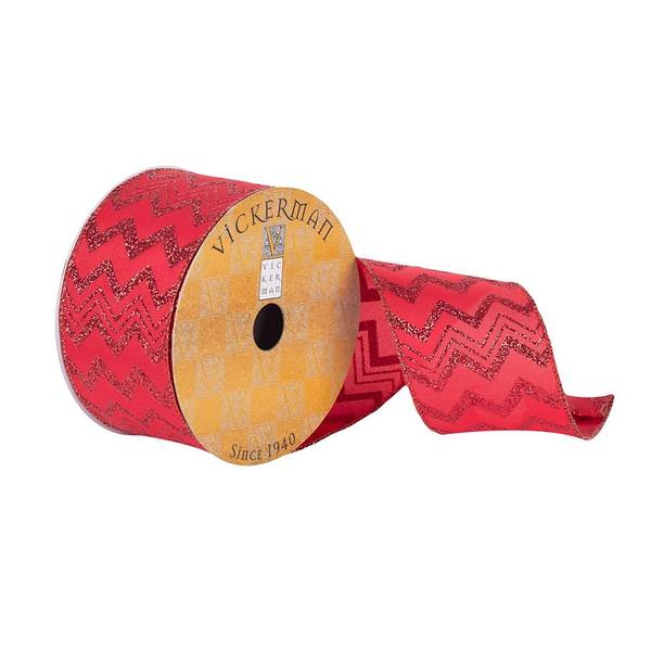 2.5" x 10Yd Red Glitter Pointed Waves Wired Ribbon
