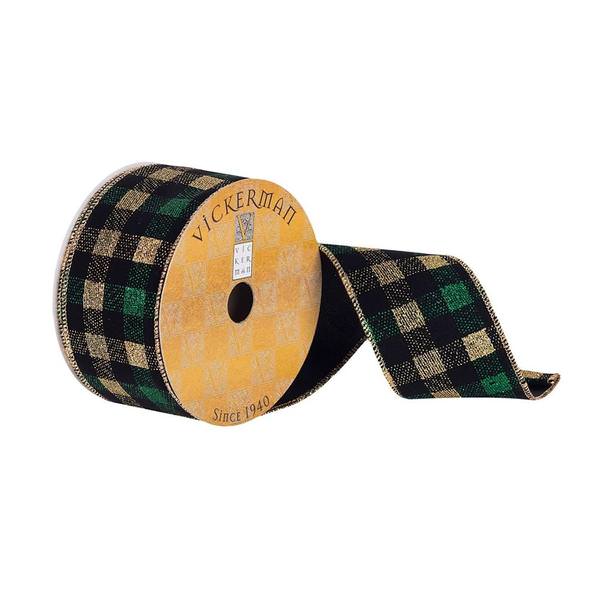 2.5" x 10Yd Black / Gold / Green Plaid Wired Ribbon