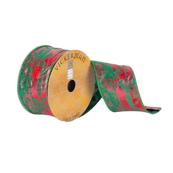 2.5" x 10Yd Green Pressed Metallic Red Wired Ribbon