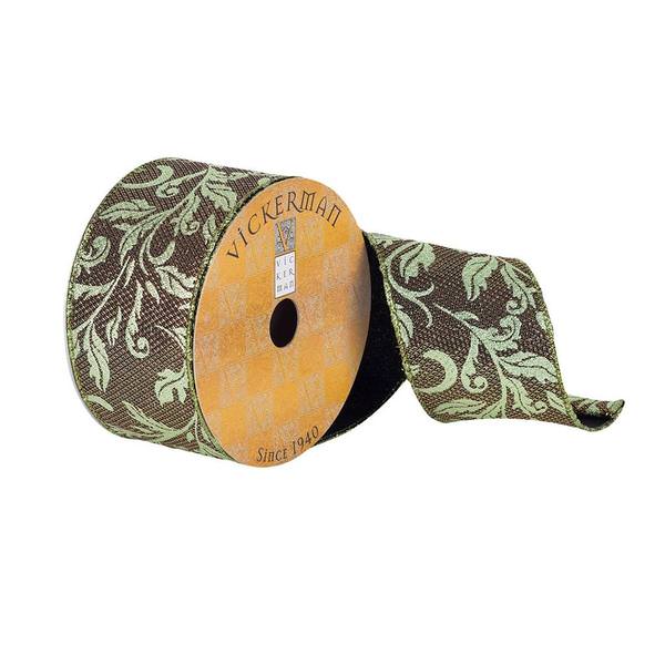2.5" x 10Yd Green Divet Filigree Pattern Wired Ribbon