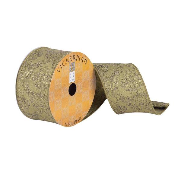 2.5" x 10Yd Green Woven Filigree Dupion Wired Ribbon