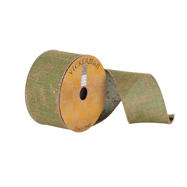 2.5" x 10Yd Green with Gold Glitter Pine Needle Wired Ribbon