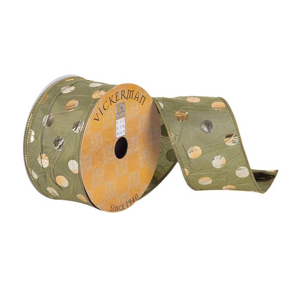 2.5" x 10Yd Olive Crushed Ribbon with Gold Metallic Dots Wired Ribbon