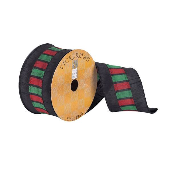 2.5" x 10Yd Black with Red and Green Block Center Wired Ribbon