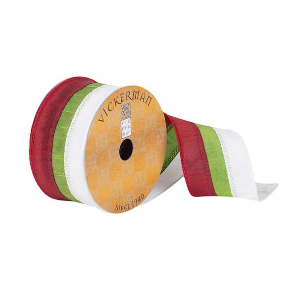 2.5" x 10Yd Red / White / Green Striped Wired Ribbon