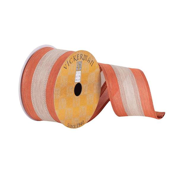 2.5" x 10Yd Orange / Natural Striped Dupion Wired Ribbon