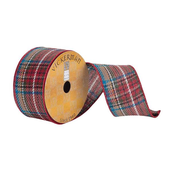 2.5" x 10Yd Red / Green / Blue / White / Yellow Plaid Wired Ribbon