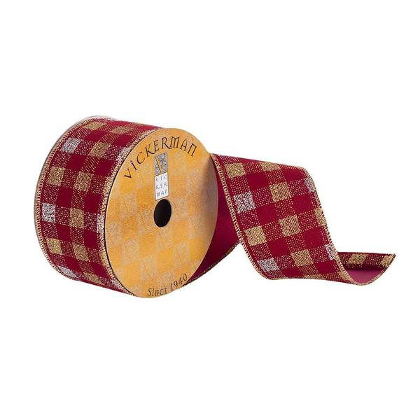 2.5" x 10Yd Burdundy / Gold / Silver Plaid Ribbon