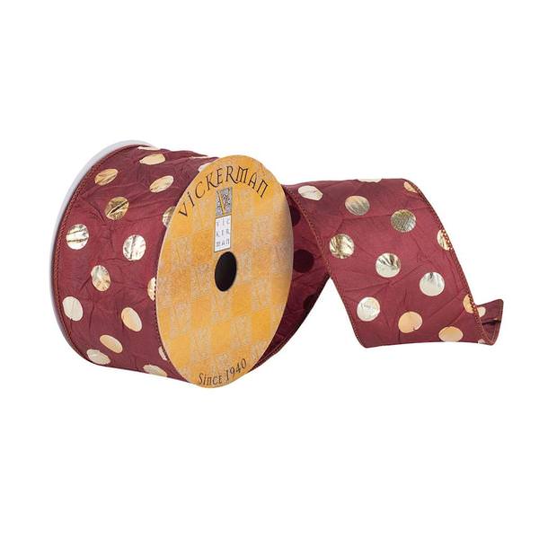2.5" x 10Yd Burgundy / Gold Metallic Dots Wired Edge Ribbon