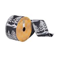 Vickerman 2.5" x 10Yd Black Dupion White Tree Pattern Wired Edge Ribbon