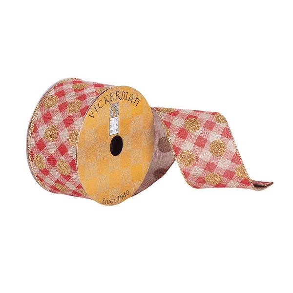 2.5" x 10Yd Natural / Red Plaid with Gold Glitter Dots Ribbon