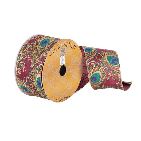 2.5" x 10Yd Purple Peacock Feather with Green / Blue / Gold Glitter Accents Ribbon