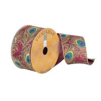 Vickerman 2.5" x 10Yd Purple Peacock Feather with Green / Blue / Gold Glitter Accents Ribbon
