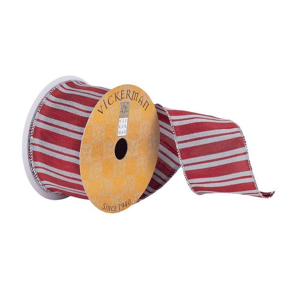 2.5" x 10Yd Red / Silver Striped Dupion Ribbon