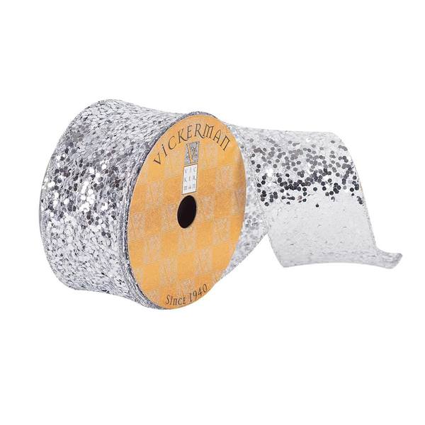 2.5" x 10Yd Silver Sequin Woven Dupion Ribbon