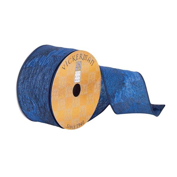 2.5" x 10Yd Midnight Blue Woven Floral Pattern Ribbon