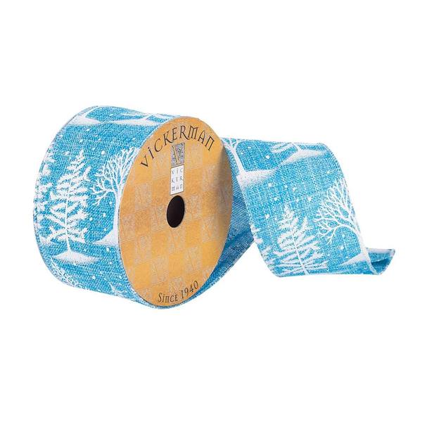 2.5" x 10Yd Blue Dupion with White Snow and Trees Ribbon