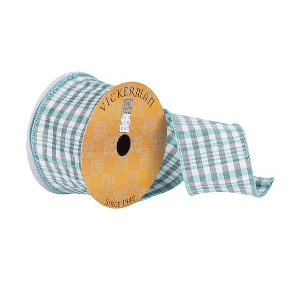 2.5" x 10Yd Teal / Gray / White Plaid Dupion Ribbon