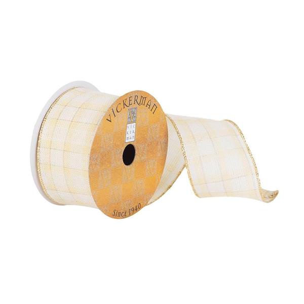 2.5" x 10Yd Ivory / Lemon Plaid Dupion Ribbon