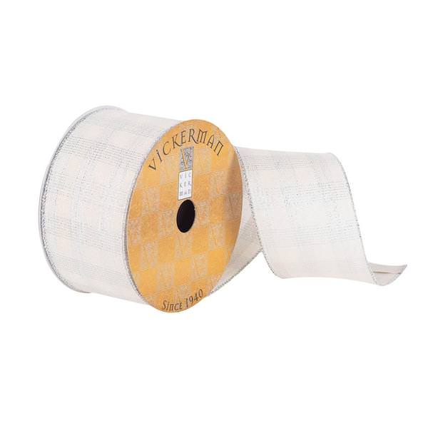2.5" x 10Yd Natural Silver Shimmer Plaid Ribbon