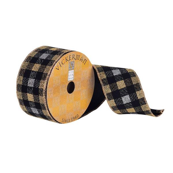 2.5" x 10Yd Black / Gold / Silver Plaid Ribbon