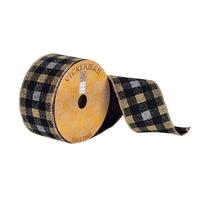 Vickerman 2.5" x 10Yd Black / Gold / Silver Plaid Ribbon