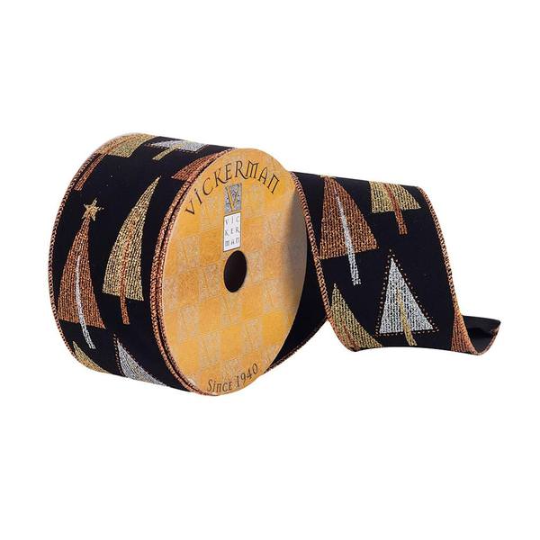 2.5" x 10Yd Black Dupion with Gold / Copper Glitter Trees Ribbon