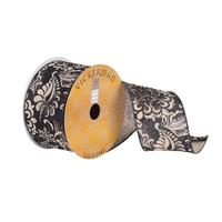 Vickerman 2.5" x 10Yd Black Dupion with Beige Filigree Ribbon