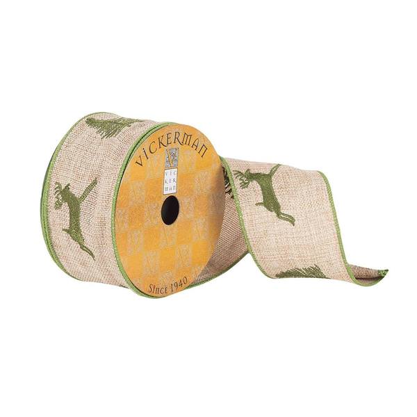 2.5" x 10Yd Natural Burlap with Woven Green Deer Ribbon