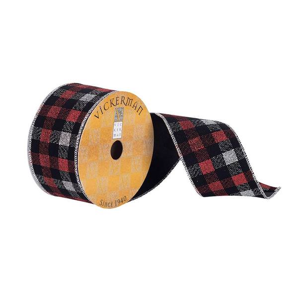 2.5" x 10Yd Black / Silver / Red Plaid Ribbon
