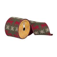 Vickerman 4" x 10Yd Green Knit Dupion with Red Deer and White Snow Flakes Ribbon