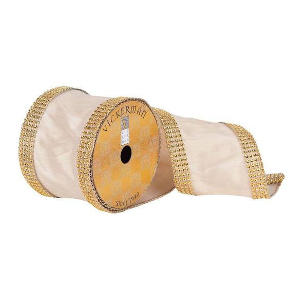 4" x 10Yd Beige Dupion with Gold Jewel Edges Ribbon