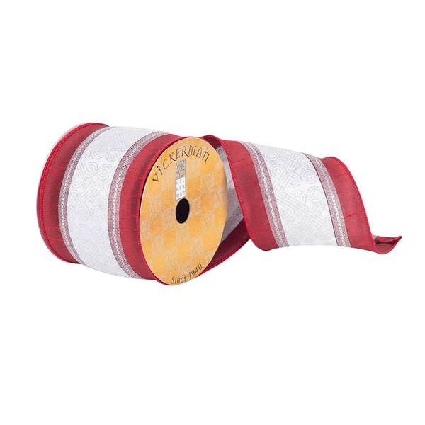 4" x 10Yd Red Dupion Silver Center Stripe Ribbon