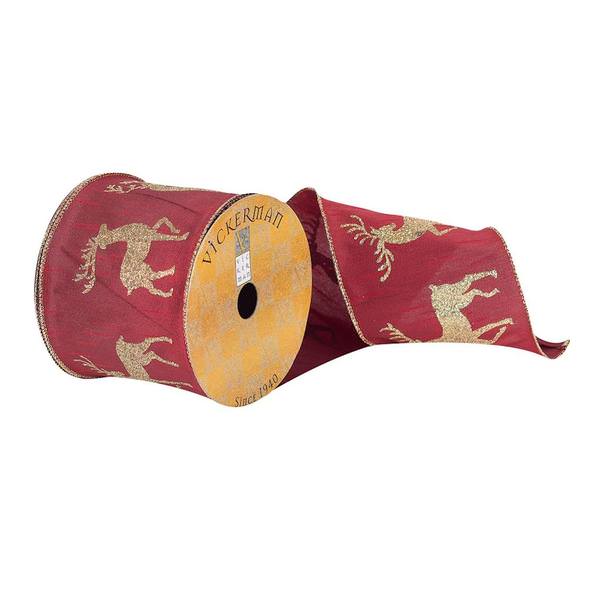 4" x 10Yd Burgundy Dupion with Gold Glitter Deer Ribbon