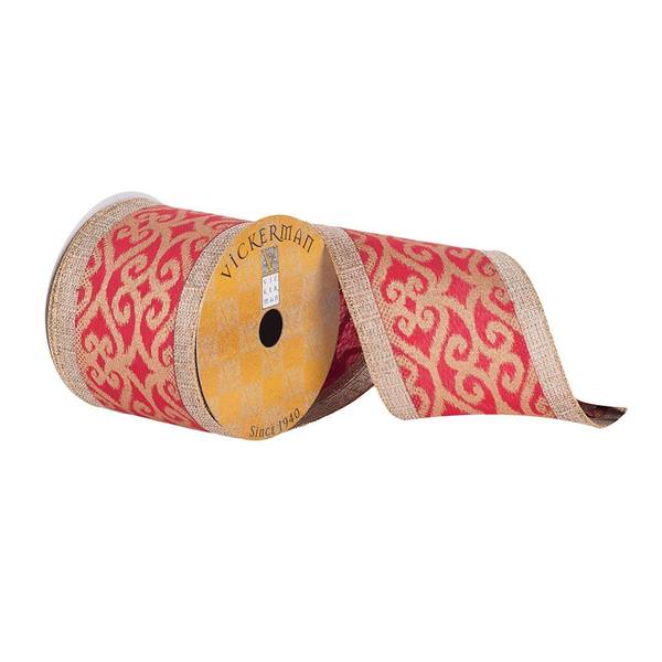 4" x 10Yd Red Woven Dupion with Gold Accents / Edges Ribbon