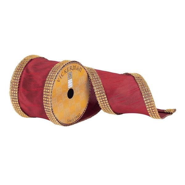 4" x 10Yd Red Dupion with Gold Jewel Edges Ribbon