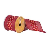 Vickerman 4" x 10Yd Red Dupion with Gold Metallic Dot Center Stripe Ribbon