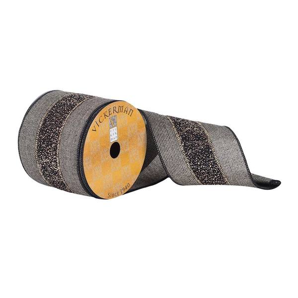 4" x 10Yd Black and Gold Glitter Striped Center Ribbon