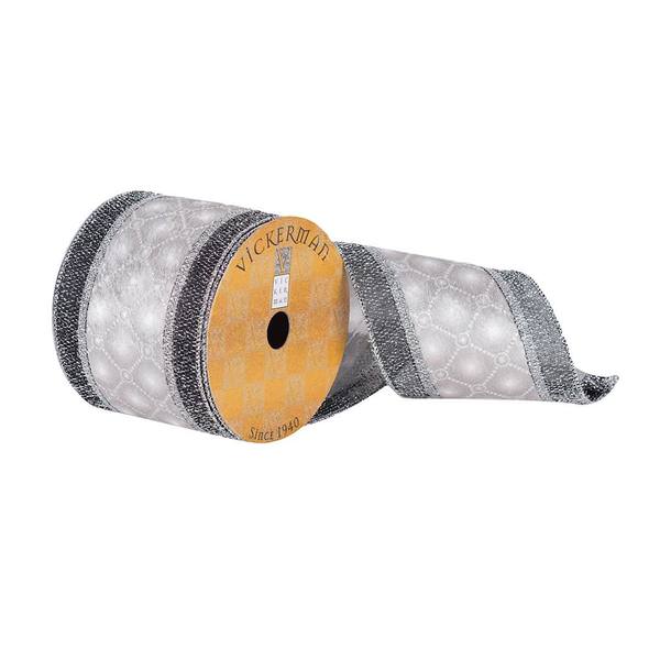 4" x 10Yd Silver / Black Stripe Center Diamond Pattern Ribbon