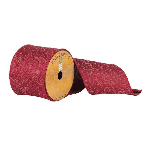 4" x 10Yd Red Woven Filigree Dupion Ribbon